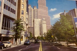 Michael Rose, Atlanta Then and Now, 2001, pg. 39. Fulton County Library. Peachtree in 1973 and Muse across Woodruff Park.