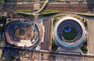 Olympic Stadium on left and Atlanta-Fulton County stadium on right. Photo made from Kroger Blimp, Sept. 5, 1996 (Photo Courtesy of AJC Staff Joe McTyre.) 