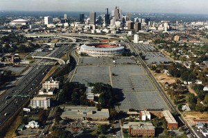 Aerial view of proposed site for Olympic Stadium, 1992. Photo courtesy of Atlanta Journal-Constitution Photographic Archives. Special Collections and Archives, Georgia State University Library. 
