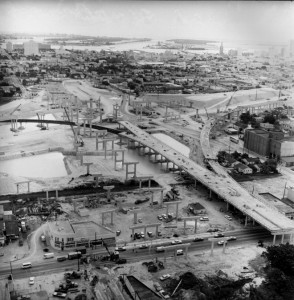 An aerial vew of the destruction of the Overtown community, a predominately black neighborhood of Miami, Florida. The images of the construction of I-95 and 395 were taken on August 23, 1967.