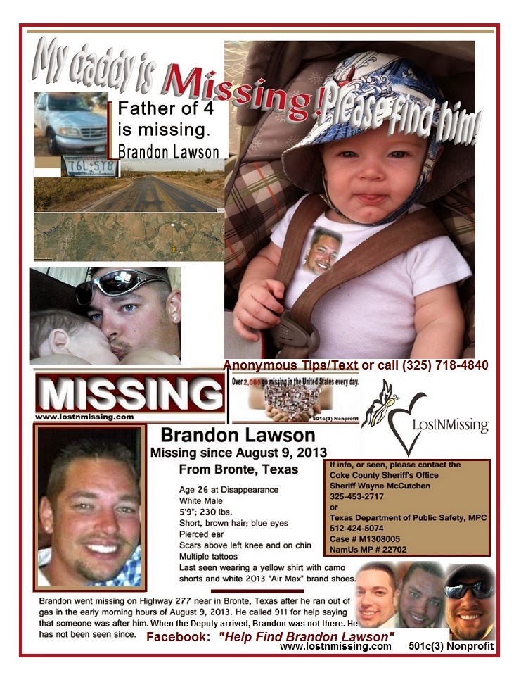 Missing persons poster from Missing Brandon Lawson site, made by Lost n Missing nonprofit.