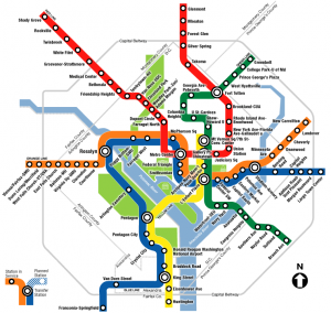 Map of Washington D.C.'s passenger rail system: The Metro
