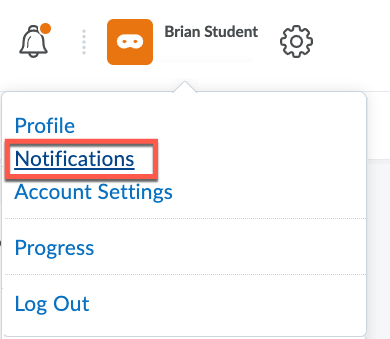 Image highlighting the Notifications menu in D2L Brightspace.