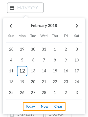 Image of the date picker highlighting the Today, Now, and Clear buttons at the bottom of the calendar.
