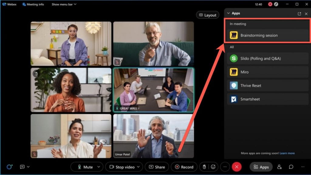 Image of a webex window with the Apps panel open and highlighting the In Meeting category.