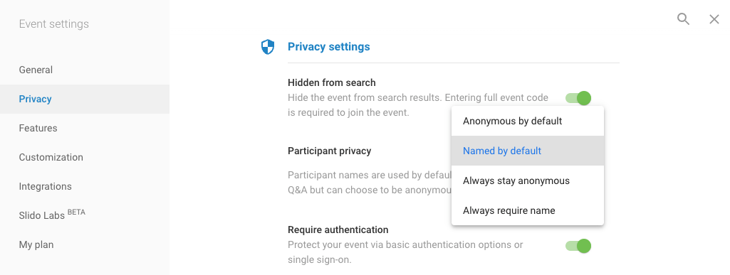 Image of the participant privacy options.