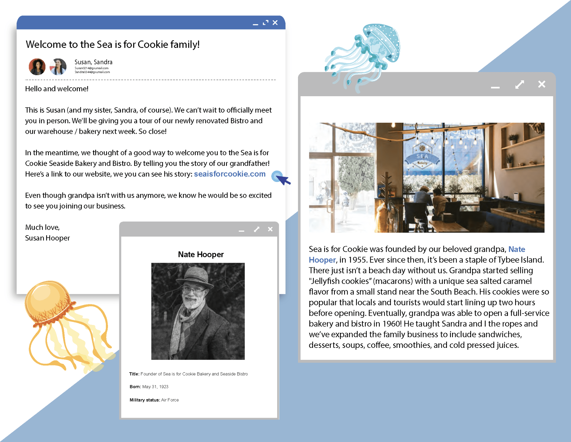 Pop-up window of welcoming email from Susan and Sandra Hooper, the fictional CEOs of Sea is for Cookie Seaside Bakery and Bistro.