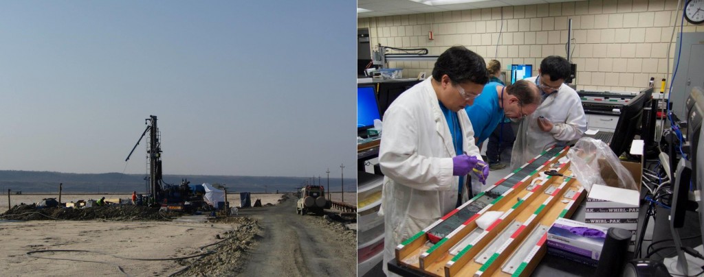Drilling rig at Lake Magadi, Kenya, in summer, 2014 and NSF's National Lacustrine Core Facility at the University of Minnesota – Dr. Deocampo, Dr. Tim Lowenstein, and Dr. Jiuyi Wang