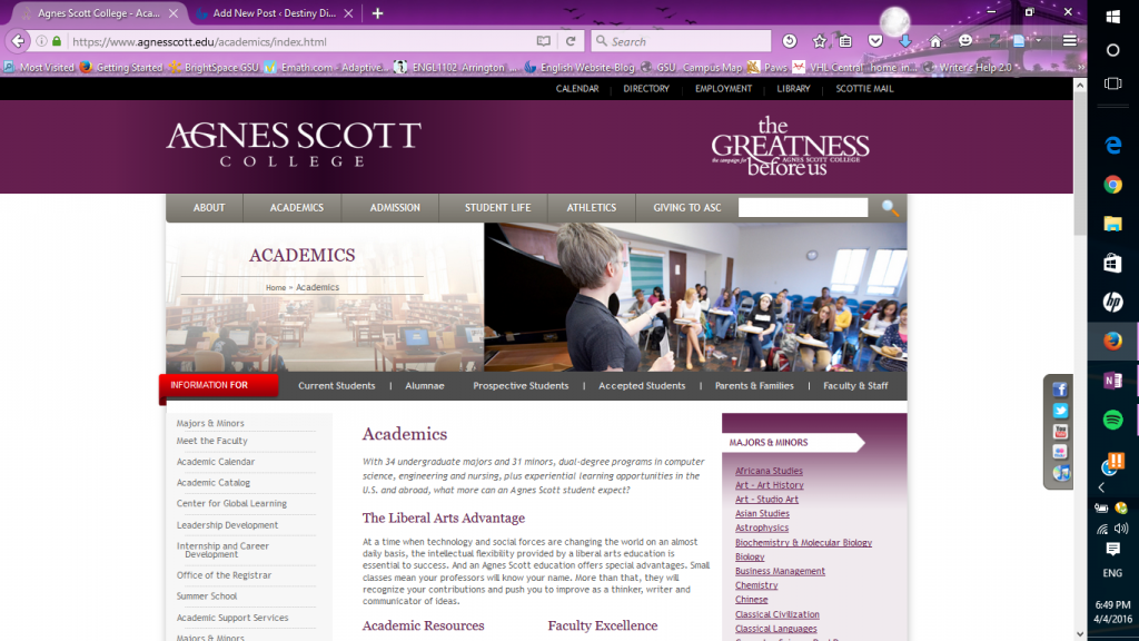 Screenshot of the Academics page, from: agnesscott.edu 