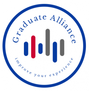 Grad Alliance Logo. A white circle with dark blue outline. Inside the circle it reads Graduate Alliance in blue serif font in a curved arch. Under that are alternating blue, red, and grey lines in a skyline pattern and below that is 'improve your experience' in serif blue font.