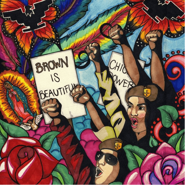 cartoon-style image of protestors with fists raised up, holding a sign that reads "brown is beautiful"