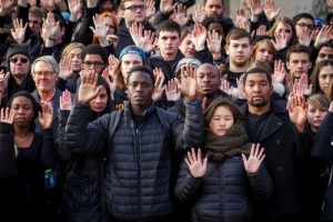 Students and Staff representing "Hands up, don't shoot"at Bowdoin College