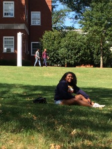 Friend Averi on lawn in front of Morehouse building