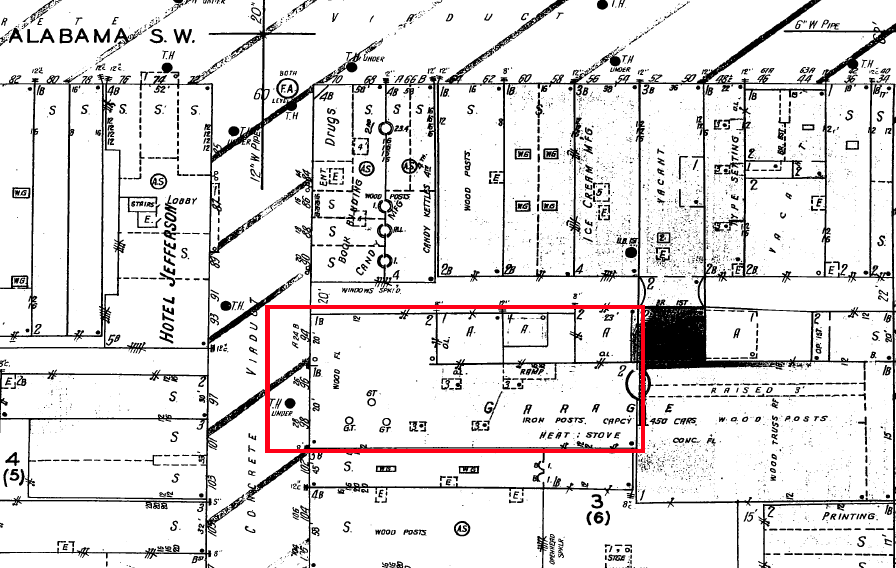 Pryor Street, Atlanta 1931-1932, sheet 16, Sanborn Fire Insurance Maps. 94 Pryor is located in red box. 