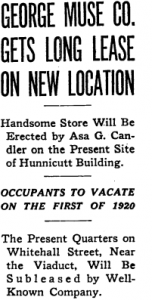 "George Muse Co. Gets Long Lease on New Location." Atlanta Constitution, March 9, 1919, d1