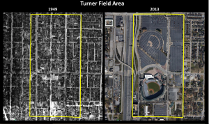 Map of Turner Field Area 1949 and 2013. Photo courtesy of Joseph Hurley, Georgia State University Library Blog. 