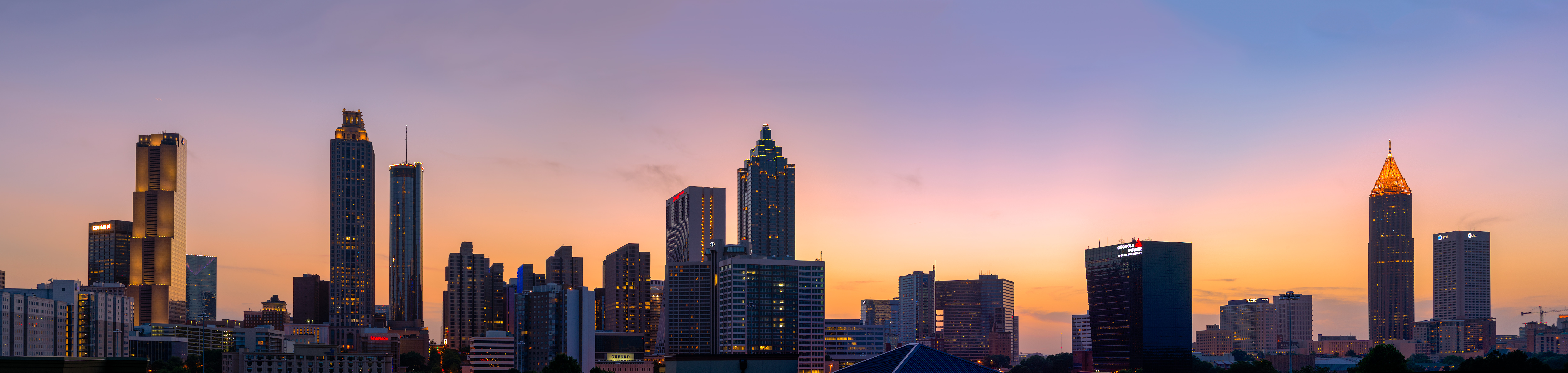 A picture of the Atlanta skyline at sunset.