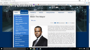 This is a screen shot of the page consisting of "Government" related links. This photo also includes information on the mayor in Atlanta. The different sections under the "Government" tab, include sub sections. An example is shown in the photo under "Mayor's office"