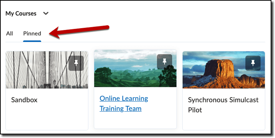 Image showing the location of the Pinned Courses tab on the iCollege My Courses widget.