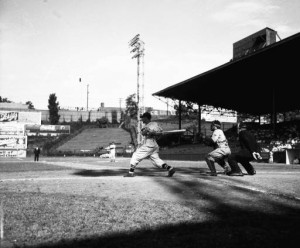 Right-handed Atlanta Cracker swinging at Ponce de Leon Ball Park, 1942. LBCE2-041a, Lane Brothers Commercial Photographers Photographic Collection, 1920-1976. Photographic Collection, Special Collections and Archives, Georgia State University Library.