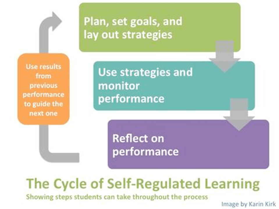 A model shows the cycle of self-regulated learning. A green box at the top says "Plan, set goals, and lay out strategies", then a grey arrow points down to a turquoise box that says "Use strategies and monitor performance" and then a grey arrow points down to a purple box that says "Reflect on performance". Finally a long grey arrow points from the bottom purple box to the top green box (to complete the cycle) and says in an orange box" Use results from previous performance to guide the next one"