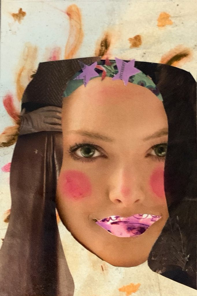 Self Portrait made from collage. A hand painted background with abstract sun rays and stars. I added excess of blush for a sun-kissed look. I added a green and purple headband. + why I love headbands  color meaning + tea bags 