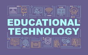 Educational technology word concepts banner. Digital and internet learning. Infographics with linear icons on violet background. Isolated typography. Vector outline RGB color illustration
