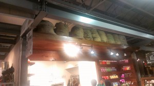 Cacao beans being stored in the rafters above a chocolate store