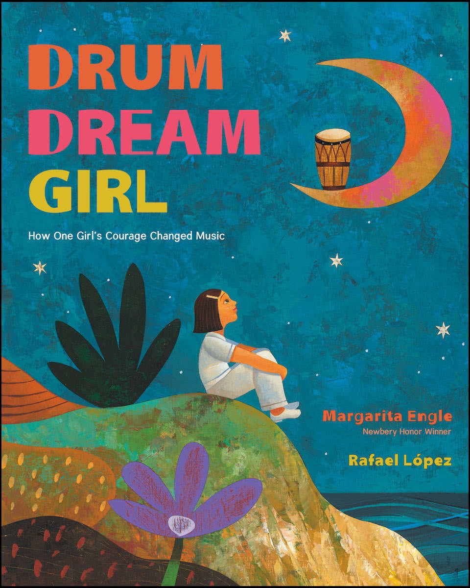 A young girl looks up at the moon holding a drum and dreams.
