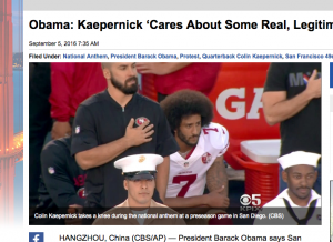 "Colin Kaepernick takes a knee during the national anthem at a preseason game in San Diego. (CBS)"