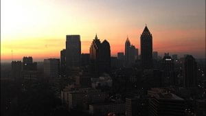 A pictre that captures a sunrise in downtown ATL