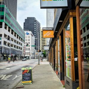 A picture from outside of Buenos Dias Cafe in Downtown Atlanta 