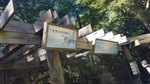 Sign explaining flight found above a bird enclosure.