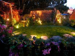 A picture of a garden in the evening. The mood that a person feels in the same place at 6 in the evening vs 8 in the morning will vary. 