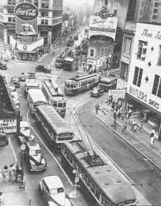 This is the intersection were Auburn Ave and Peachtree Street collide. This picture was taking in the 1940's when both streets were equally in terms of economic and social status. (Just image the color hiding behind the black and white film.)