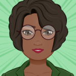 Avatar image of Black woman with dark brown wavy hair. She is wearing brown rim glasses, a green collared shirt, and red lipstick.